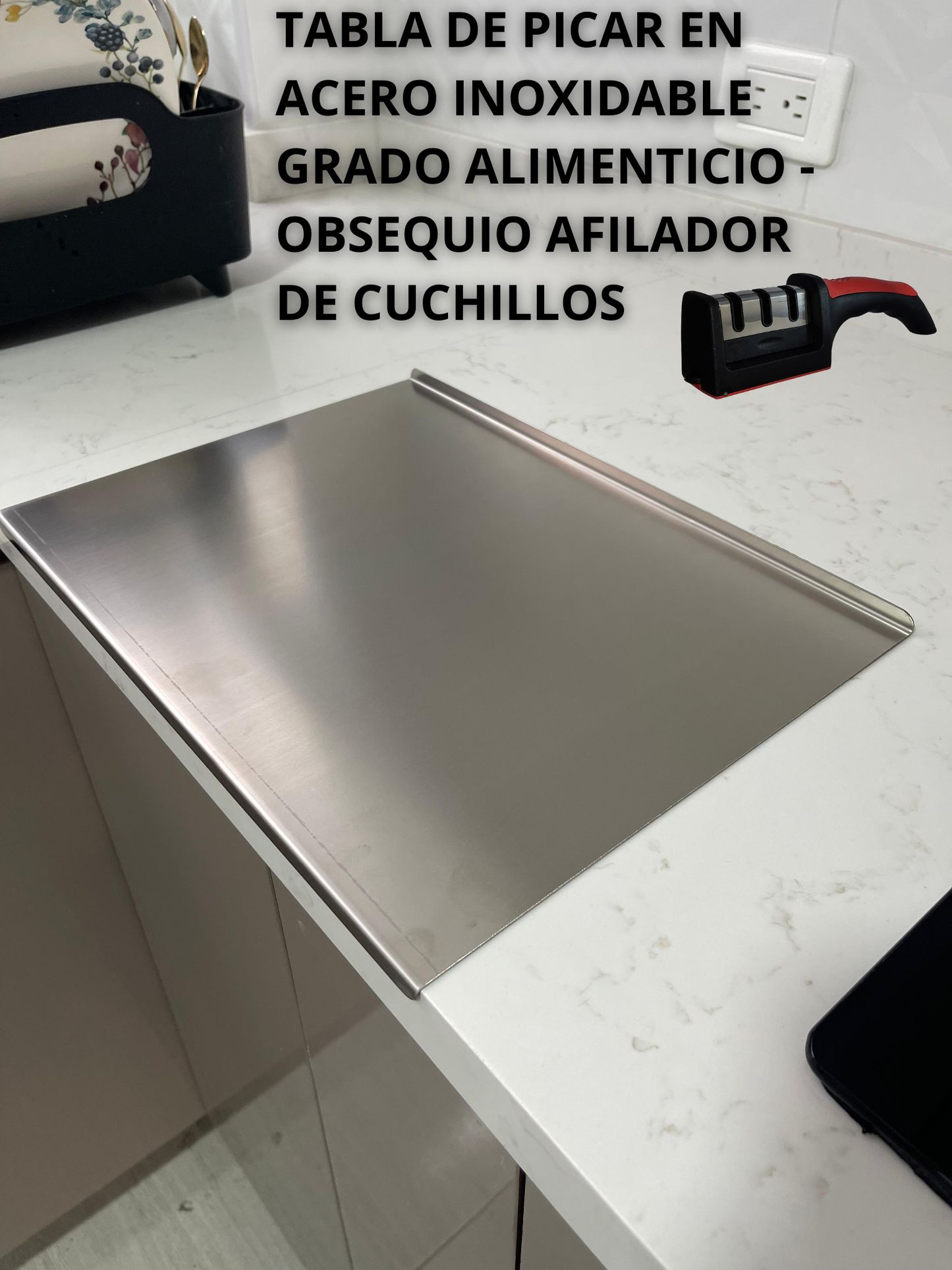 Tabla de Picar en Acero Inoxidable 30×40 cm con Borde + Afilador 3 en 1 Gratis | Grado Alimenticio 304